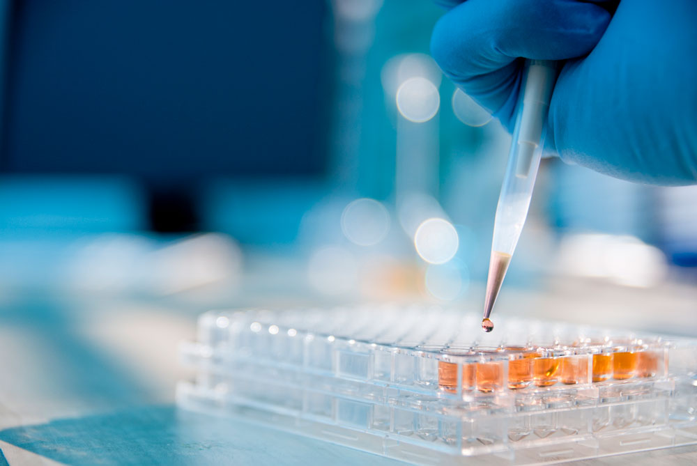 Lab technician injecting liquid into a microtiter plate.